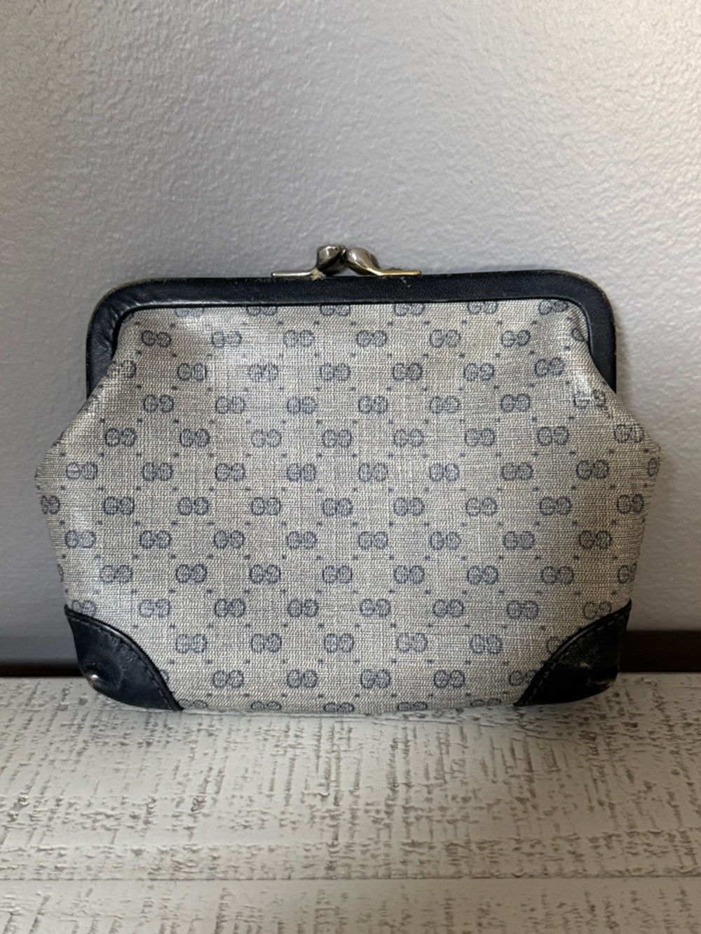 Vintage GUCCI Monogram Canvas Clutch with Navy Trim